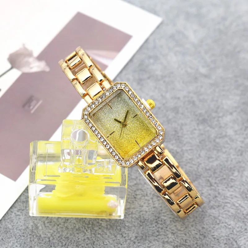 Jam Tangan Wanita Bermerek Mewah Jam Tangan Kuarsa Wanita Desain Minimalis Kristal Persegi Modis Jam Tangan Baja Tahan Karat Reloj Mujer