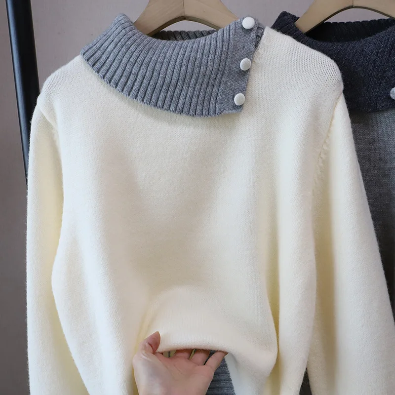 فضفاض الكورية Sle اللون بلو طوق المرأة تريكو سترة ملابس داخلية غير رسمية طويلة Sve النسيج الناعم الخريف الشتاء #2