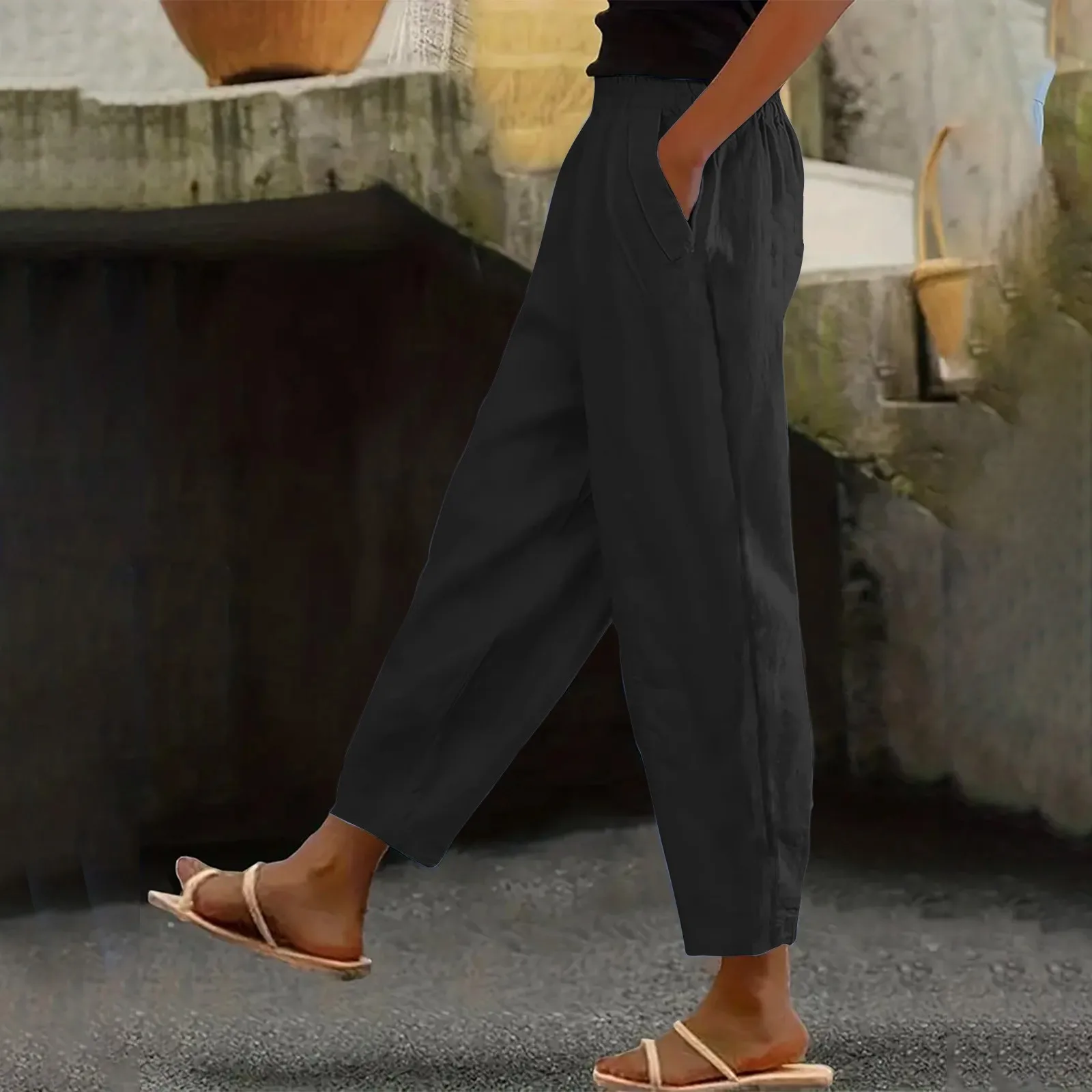 

Women Casual Wide Leg Pants Solid Color Cotton Linen Pants High Waisted Fashion Drawstring Elastic Comfy Straight Trousers