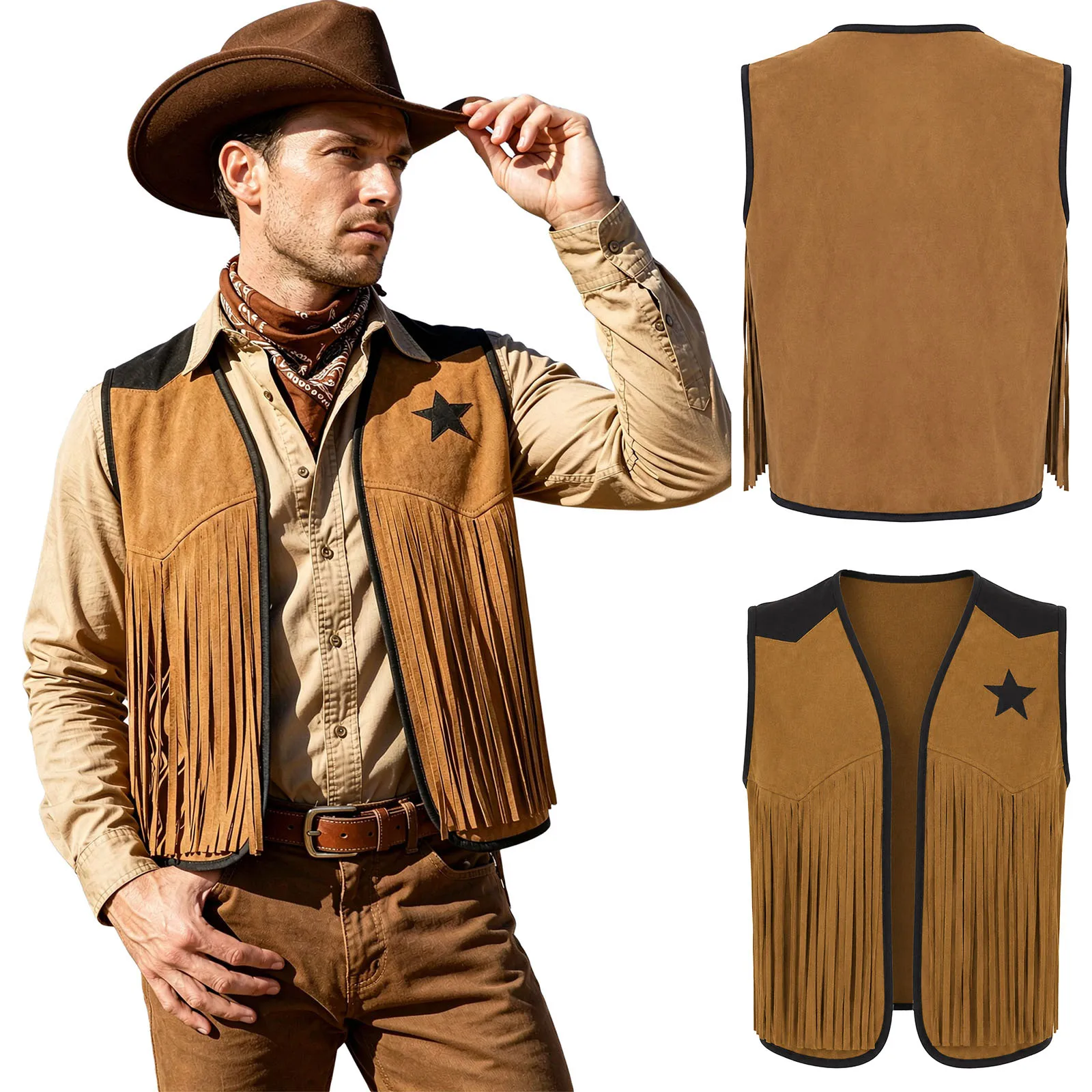 Mens Retro Western Cowboy Fringed Vest Front Tassel Star Print Open Front Faux Suede Tank Top Waistcoat for Cosplay Fancy Party