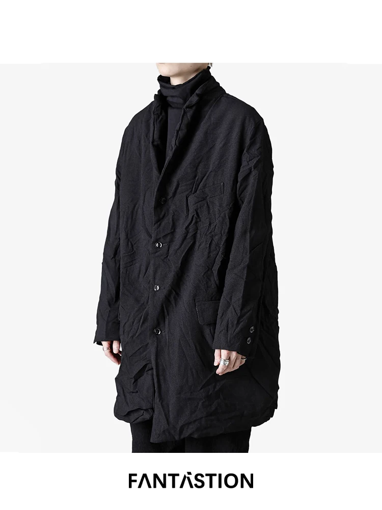 FANTASTION Original design Casual blazer Loose Pleated jacket black Loose midi length Unisex blazers suit jackets