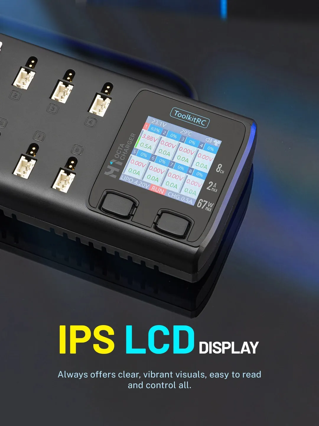 ToolkitRC H1 1S Ladegerät, PD 78W Max 2A 8 CH PD DC Dual-Eingang Unterstützt PH2.0 BT2.0 A30, LiPo LiHV LiFe für FPV Tiny Whoop RC Drohne – Detail 7