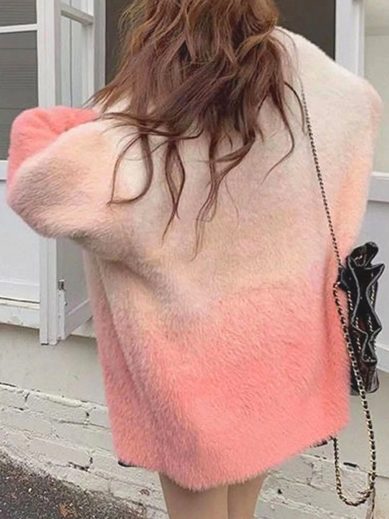 Autumn Winter Gradient V-Neck Knitted Cardigan Jacket for Women Korean Fashion ins Retro Contrasting Lazy Sweater Cardigan