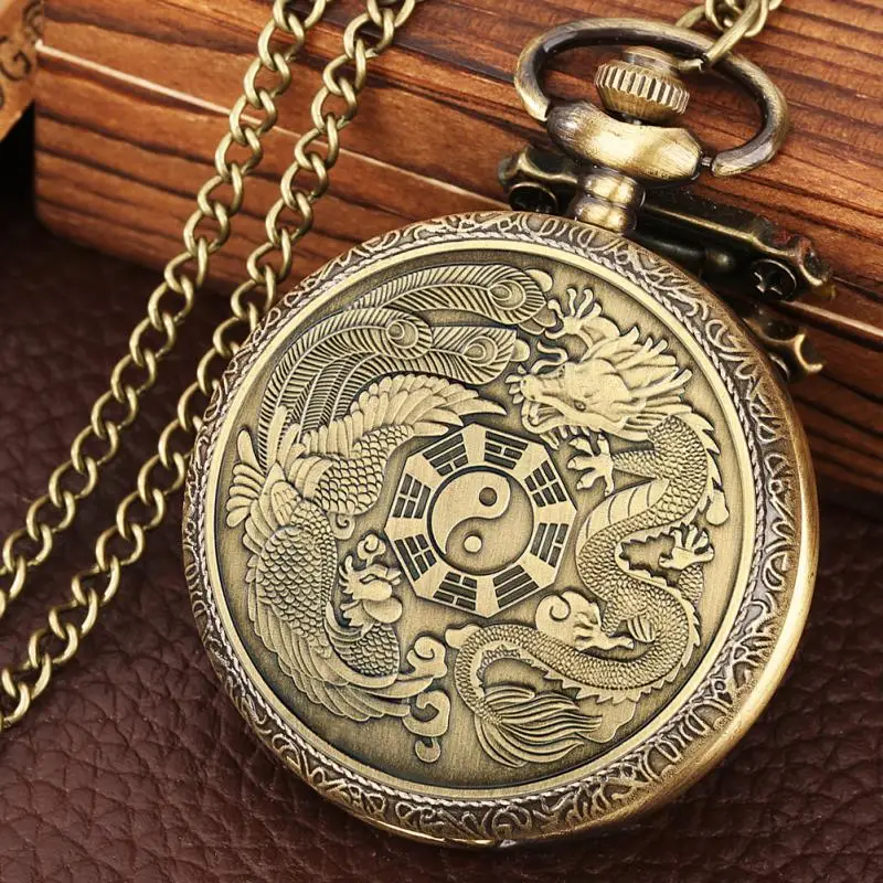 

Bronze Lucky Amulet Peace Mascot Dragon Phoenix Necklace China Style Gossip Pendant Necklace Pocket Watch Gifts for Women Men