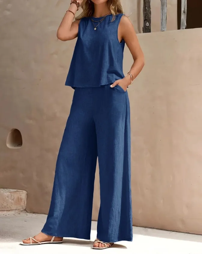 

Casual Two Piece Set Women Outfit 2025 Summer Solid Color Round Neck Sleeveless Tank & Casual Pocket Design Wide Leg Pants Set
