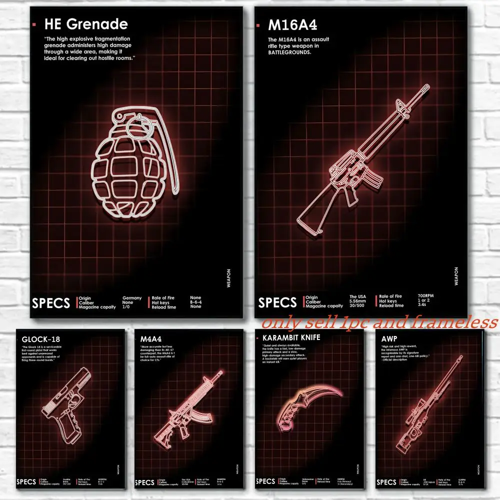 Neon Gun Similar to CS GO Poster Art painting with prints Home bedroom bar Outdoor places living room decoration gift
