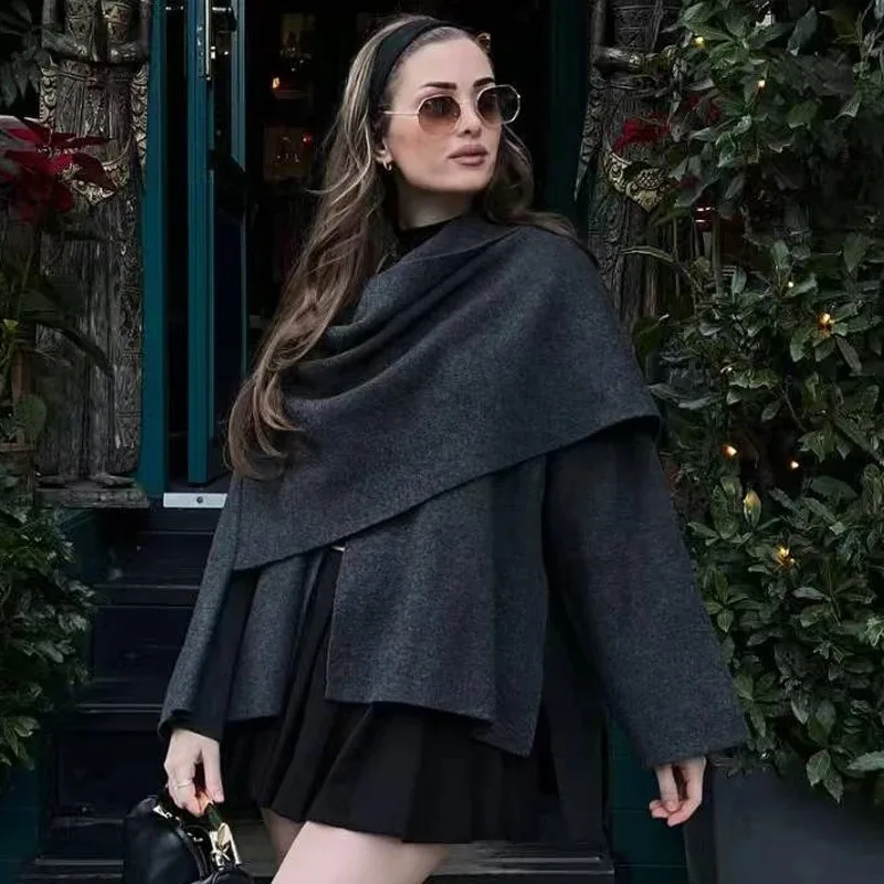 Women Casual Commuter Coat Knitted Loose Asymmetric Tops Round Neck One Button Elegant Fashion Scarf Short Styles Women's Jacket