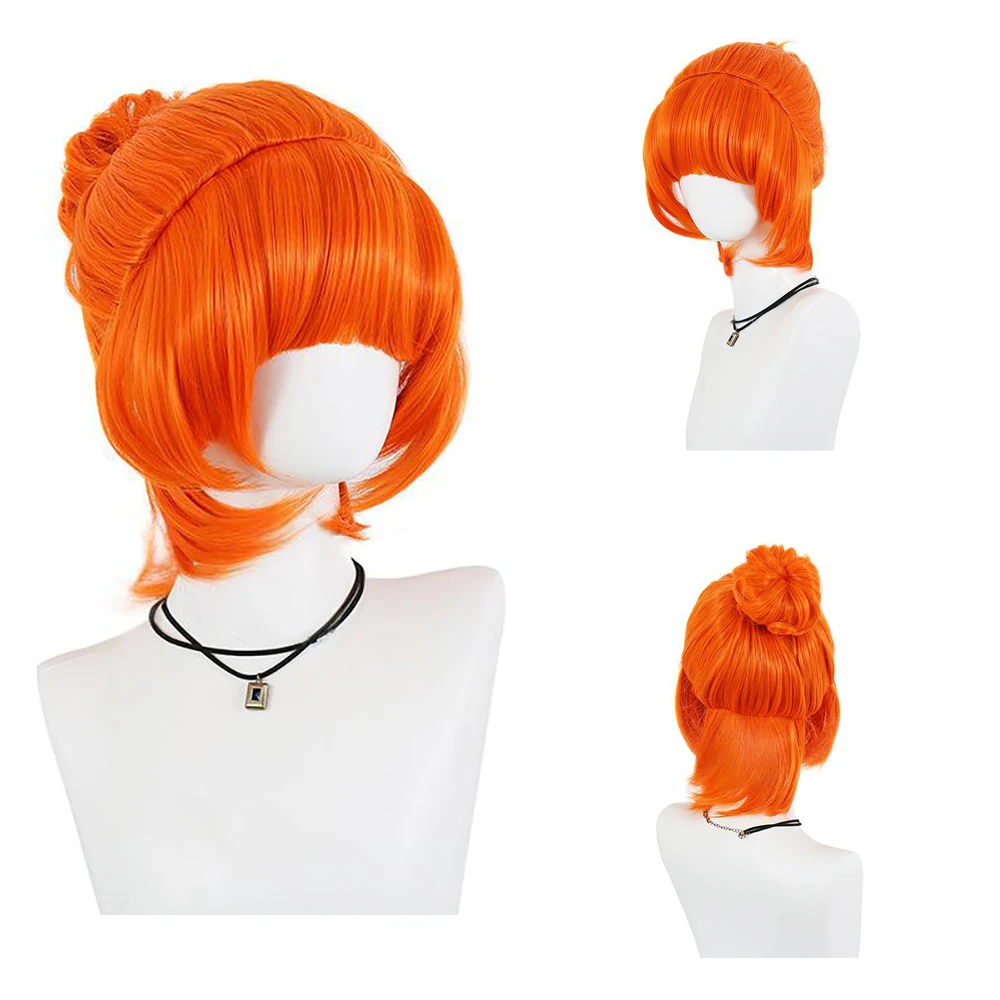 

Pre-Styled Lucy Wilde / Nami Cosplay Wig Bright Orange Half Up Bun Bob With Bangs Heat Resistant Synthetic Wig For Women