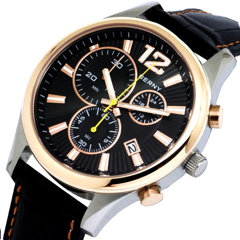 

BERNY Men Quartz Sport Watches STOP WATCH Chronograph Luminous leather Strap Calendar Multi-function Sport Wristwatch Waterproof