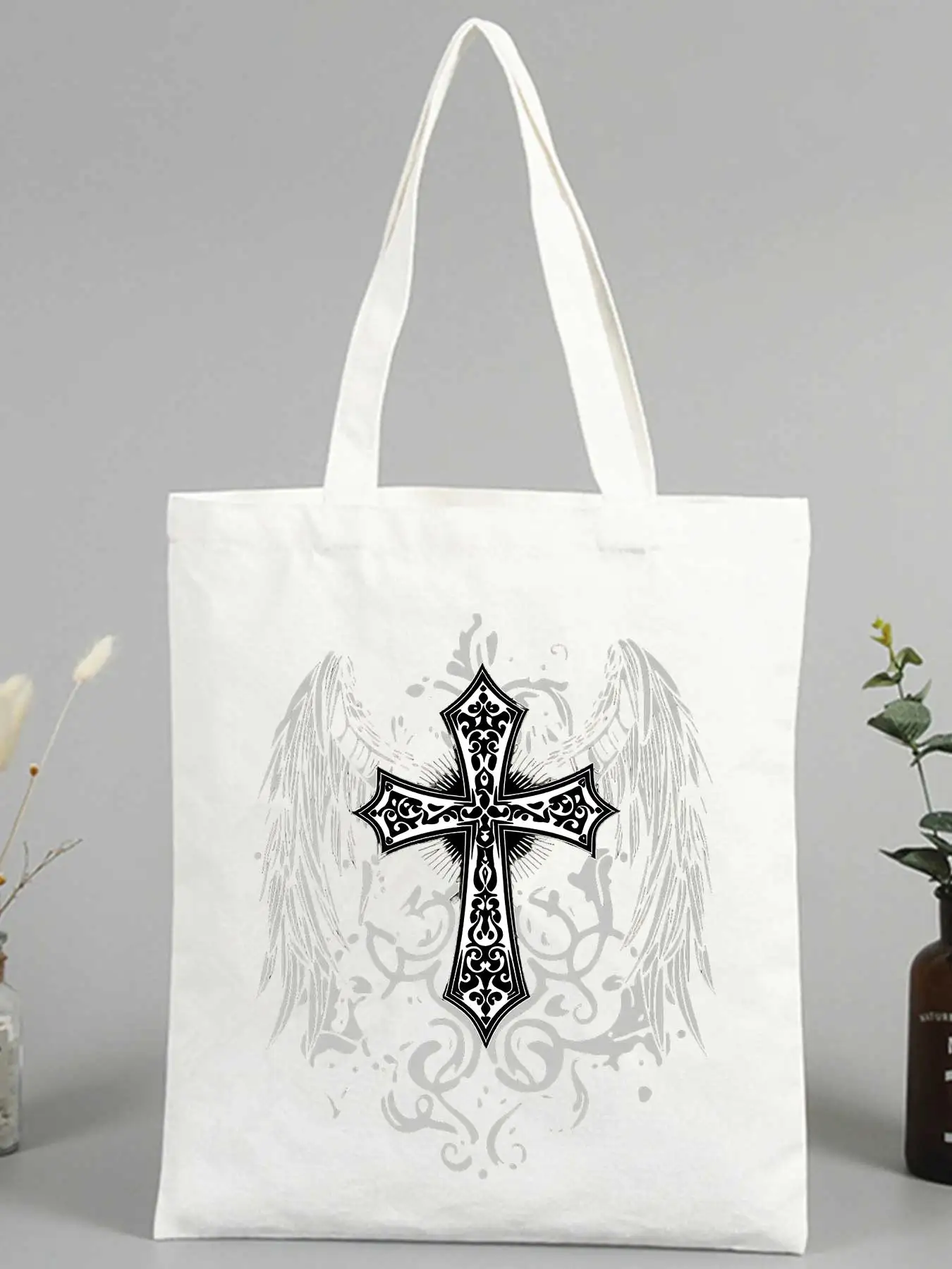 Bolsa de Lona Blanca con Diseño de Cruz y Alas de Ángel, Bolsa de Compras Reutilizable, Ecológica, Duradera, Perfecta para Uso Diario