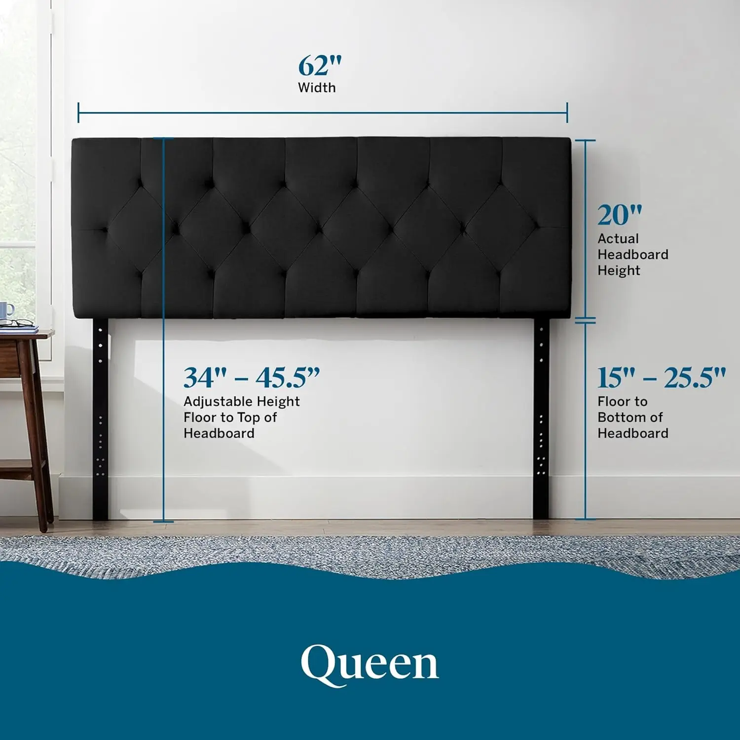 Bedroom Use, Polyester, Black, Adjustable Height & Easy Assembly Mid-Rise Upholstered Headboard
