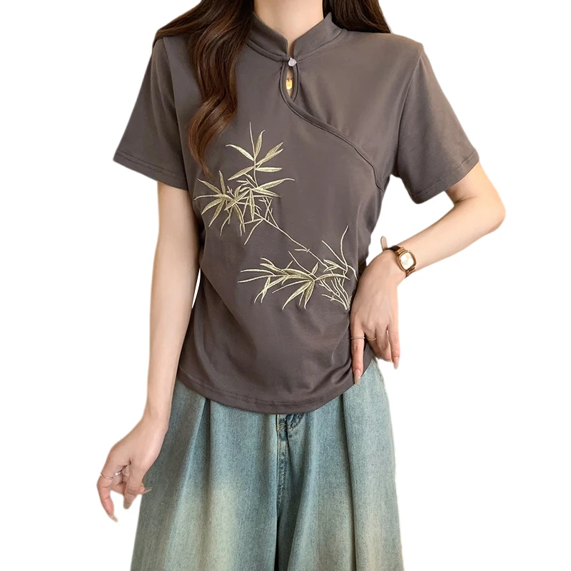 

Women Cotton T-Shirt Summer Stand Collar Short Sleeve Thin Large Size Loose Bamboo Leaf Embroidery Black Gray Apricot Loose Tops