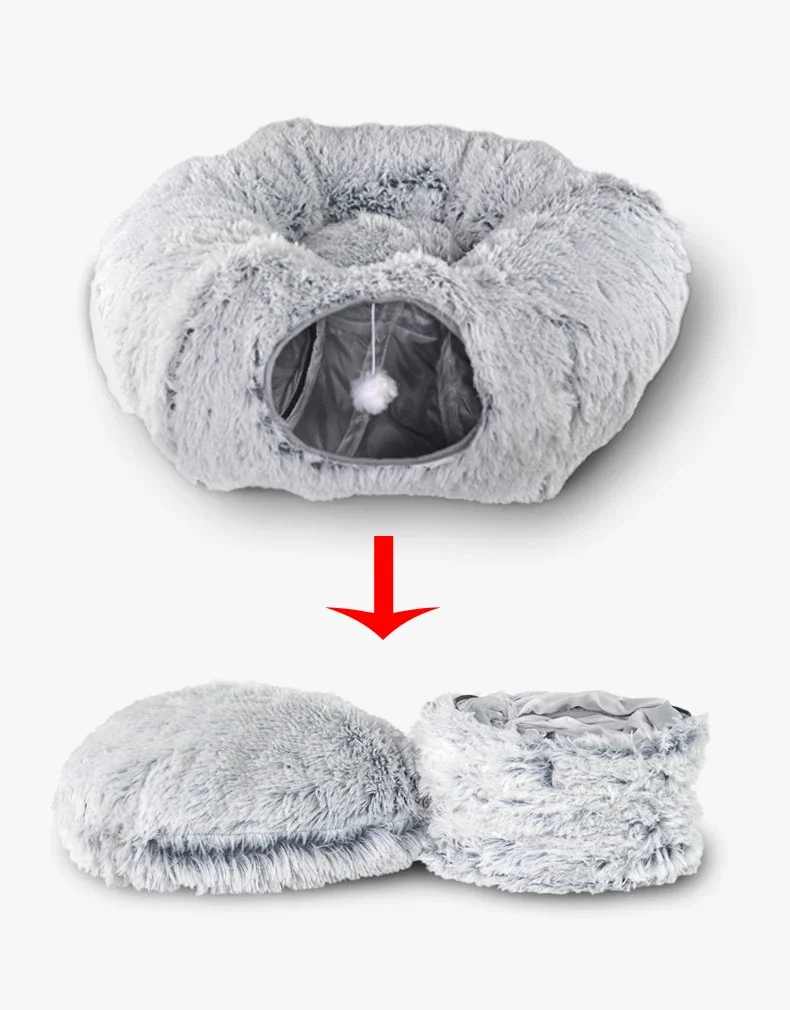 Cat Tunnel Bed with Central Washable Cushion for Indoor Cat Kitty Kitten Warm Fluffy Plush Cat Dog Tunnel Bed