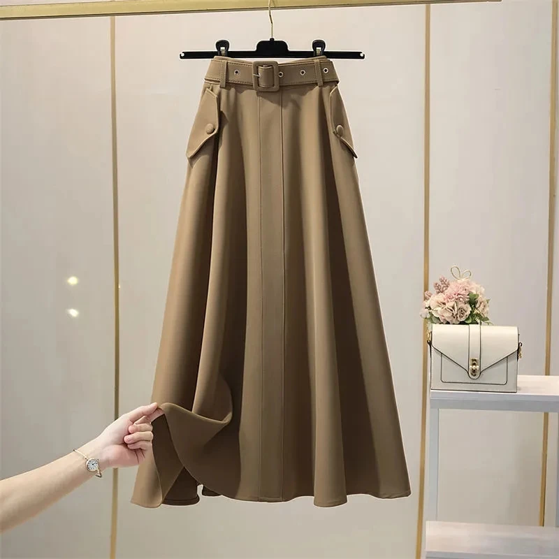 2022 Spring And Autumn Chic Oversized Long Pocket A Line Belt Casual Women Skirt