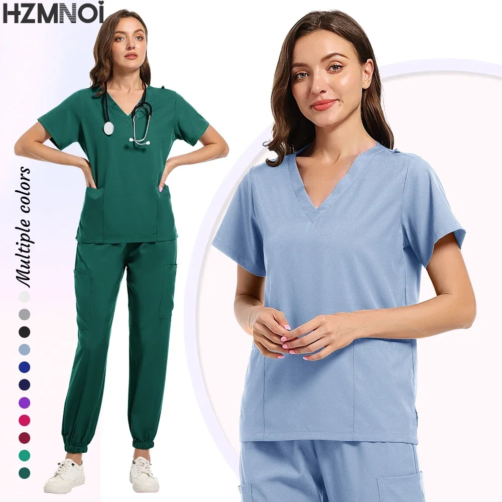 Odzież robocza unisex Garnitury Lekarz Mundury pielęgniarskie Krótki rękaw Topy z dekoltem w kształcie litery V Spodnie z kieszeniami Zestaw peelingów pielęgniarskich Odzież medyczna kliniczna