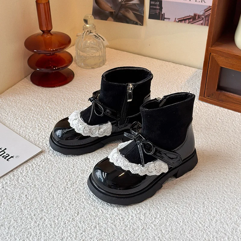 القوس الدانتيل الكشكشة الاطفال أحذية الموضة بولي Patchwork المرقعة البريدي الأميرة أحذية للفتيات الشتاء أفخم القطن الأطفال حذاء من الجلد