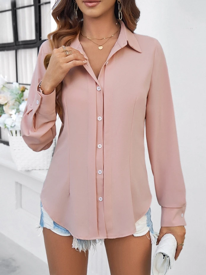 Women's Mid Length Elegant Button Up Shirt with Versatile Daily Temperament Solid Color Long Sleeved Shirt for Commuting ﻿