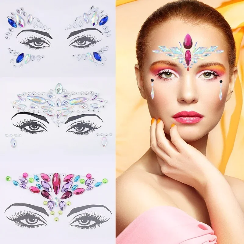 3D Sexy Face Tattoo Stickers Face Decoration Temporary Tattoos Glitter Fake Tattoo Rhinestones for Woman Party Face Jewels Tatoo