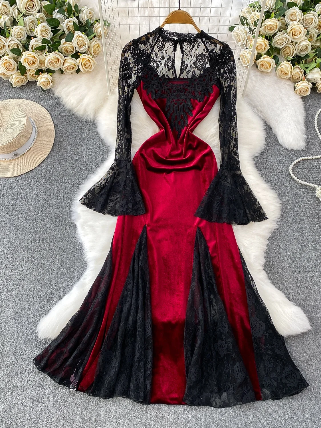 Ele veludo renda redonda ne bell sve longo dr feminino cintura alta a linha fi cauda vestido sofisticado sensação dr