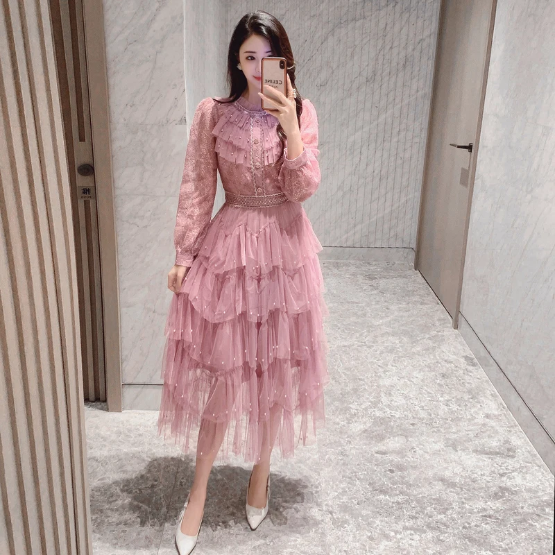 lace & beads ruffle midaxi dress in deep rose print Blush Beaded Gown | Liylah main image 0