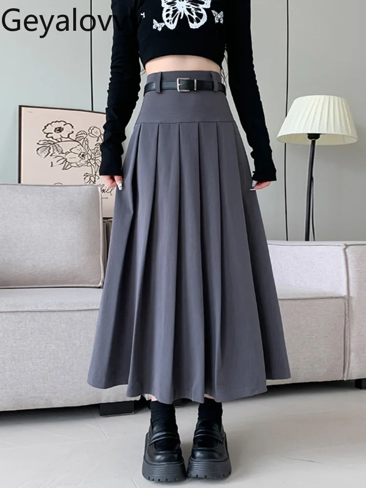 

Корейский стиль, повседневная расклешенная плиссированная юбка-миди трапециевидной формы с поясом для женщин, осень-зима, новые универсальные утягивающие длинные юбки с высокой талией