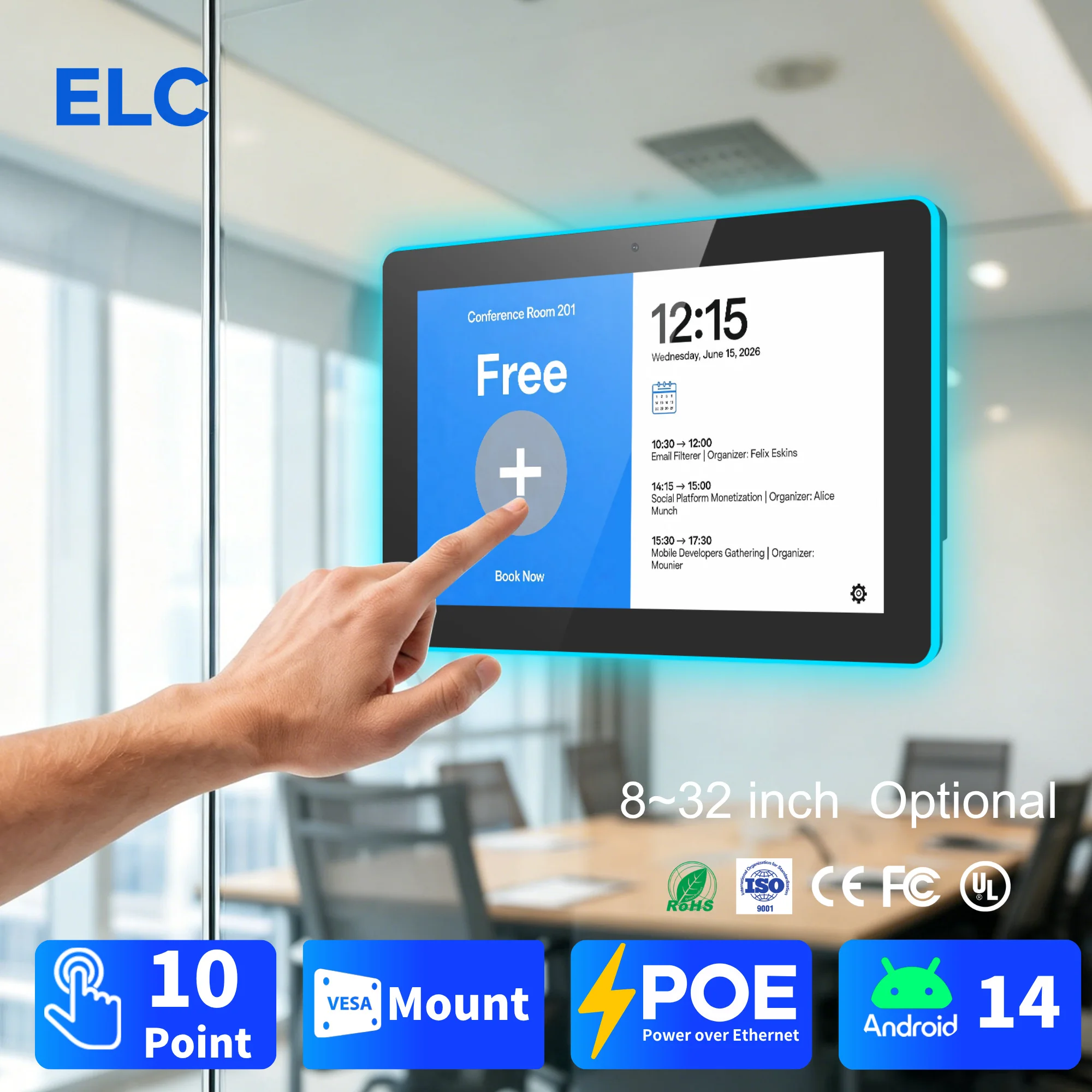 10 Point Touch Meeting Room Booking Tablet RK3576S 4+32GB Android14 75*75VESA Wall Mount WiFi 6 Commercial Poe Android Tablet
