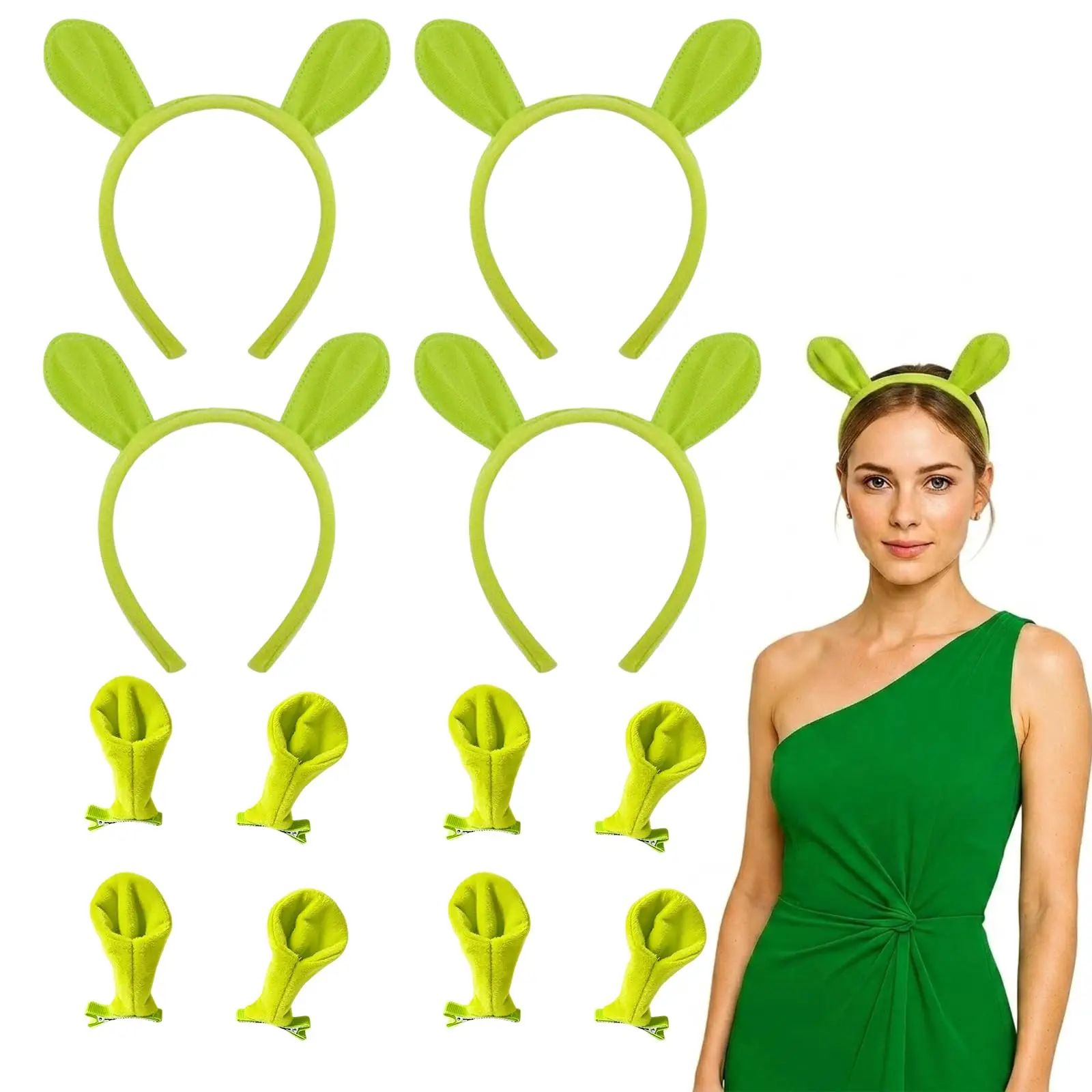 Green Headband, Halloween Headband, 12 Pcs Halloween Costume Accessories Include Green Ear Headband and Hair Clips, Cute Costume
