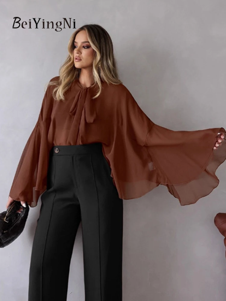 Beiyingni Top in chiffon traspirante allentato Donna 2025 Autunno Semplice Lace-up Francese Marrone Blusas per donna Elegante Pendolarismo OL Camicie