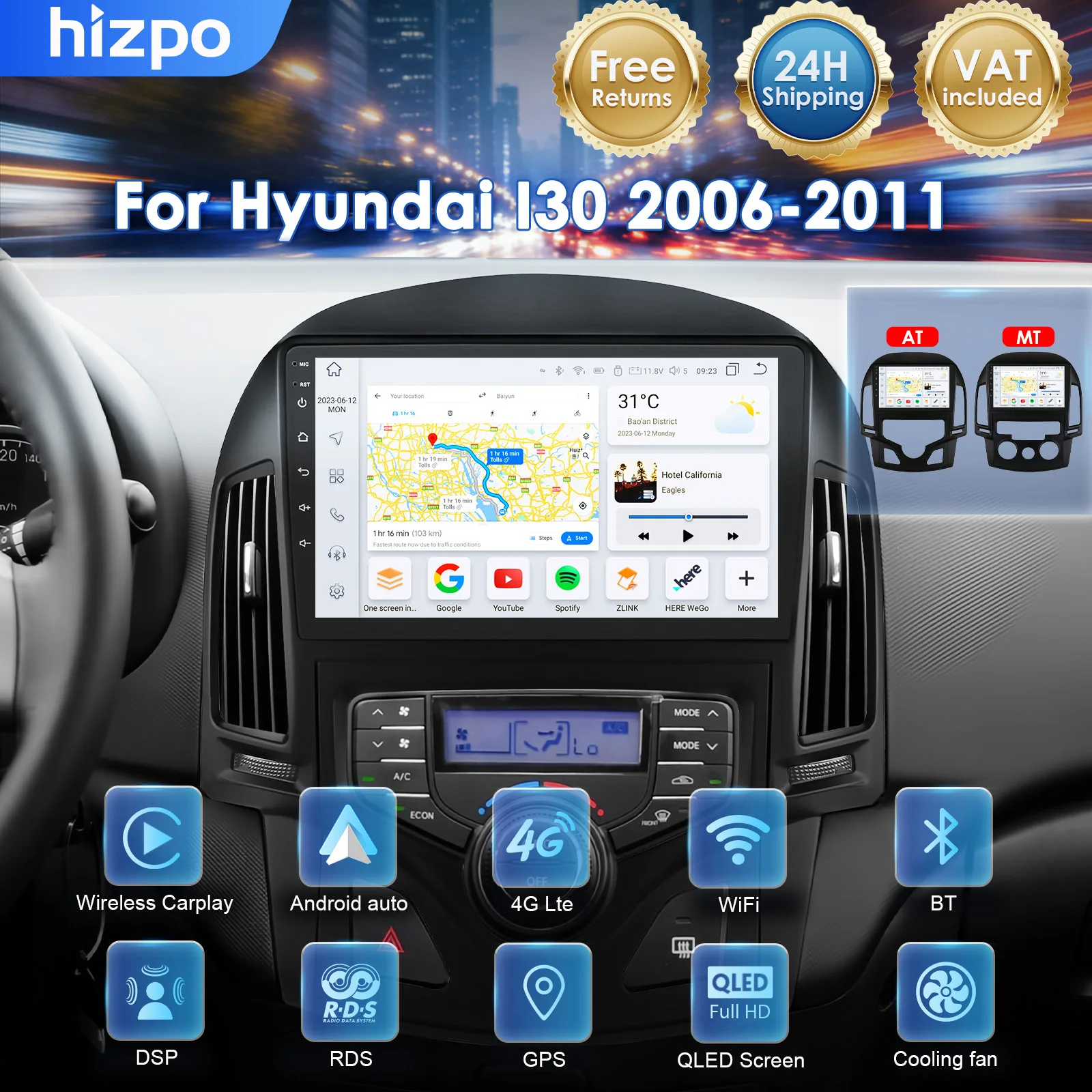 Hizpo 8 + 128G 2Din Car Stereo For Hyundai I30 2006-2011 AT MT Multimedia Player 8Core WIFI GPS Carplay Android Car DSP Bluetooth Audio Navigation