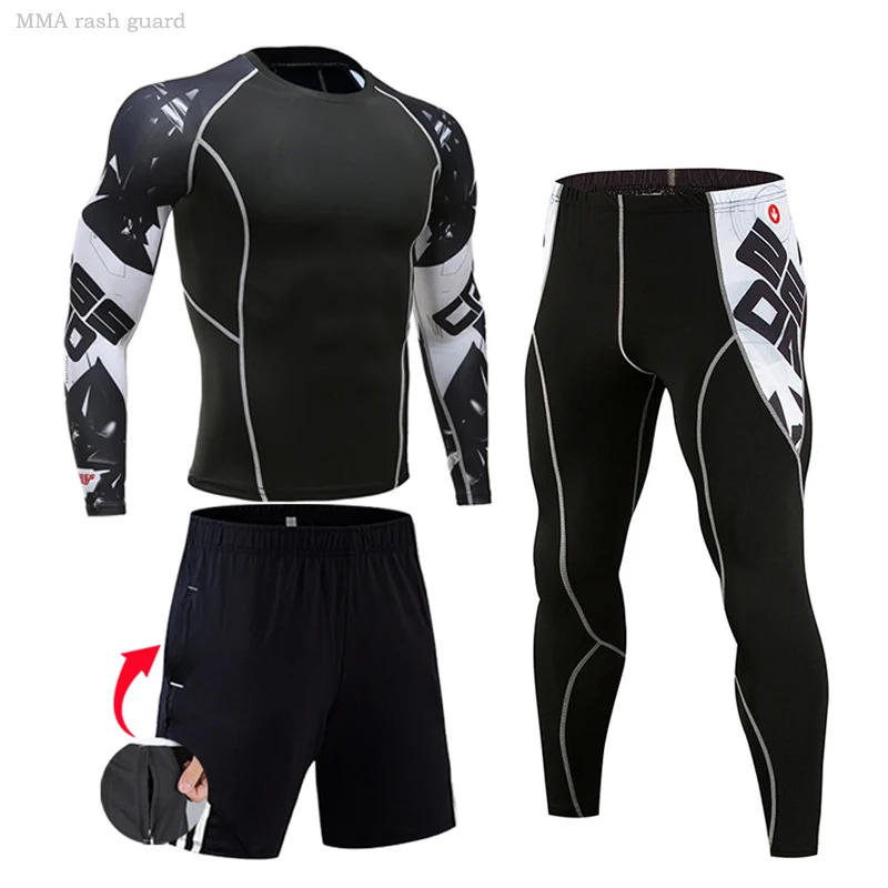 Traje deportivo de compresión para hombre, ropa interior térmica para correr, Camiseta larga para gimnasio, Leggings, pantalones cortos, MMA rashgard