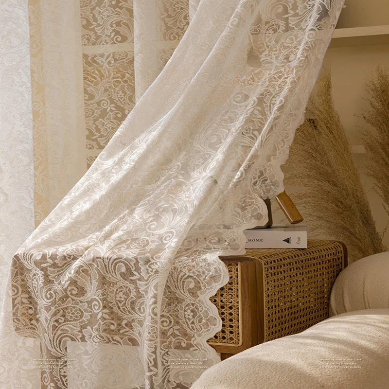 

Korean Style Beautiful White Romantic Lace Embroidery Window Screen French Princess Cream Style Gauze Curtain for Living Room