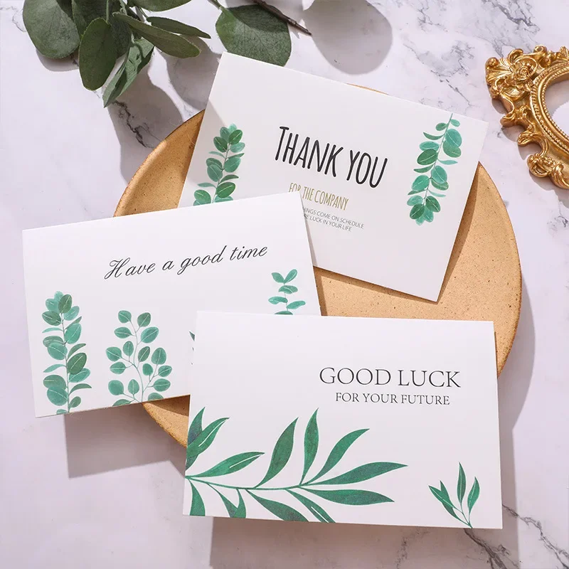 Cartes de voeux de remerciement en cuir chevelu vert, carte de message simple et fraîche, carte d'anniversaire de Thanksgiving, décoration cadeau, ensemble de 6 feuilles