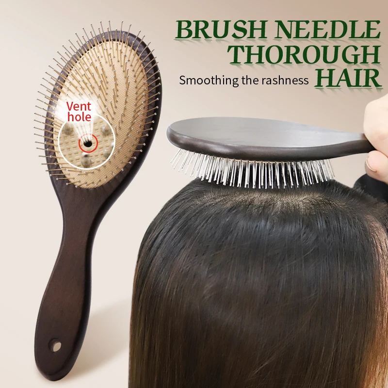 Black Color Steel Hair Brush Women Head Scalp Massage Airbag Detangling Hairbrush With Steel Needle Wood Comb For Hair Combing