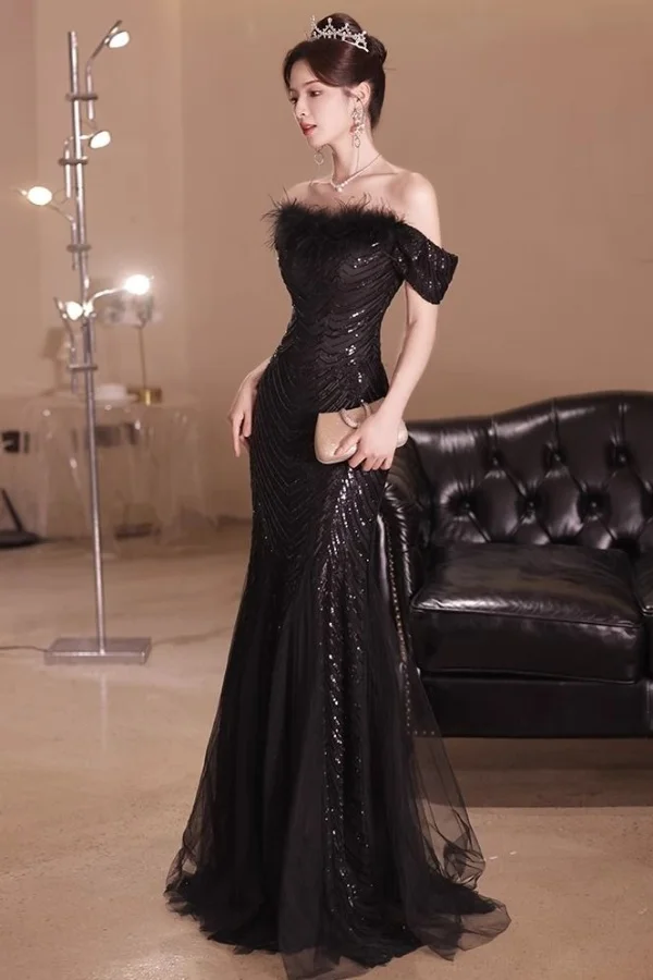 Ele Bla-oulder Evening Gown Women's Luxury Small ence Ball High-End Feel Year End Fi Tail Skirt