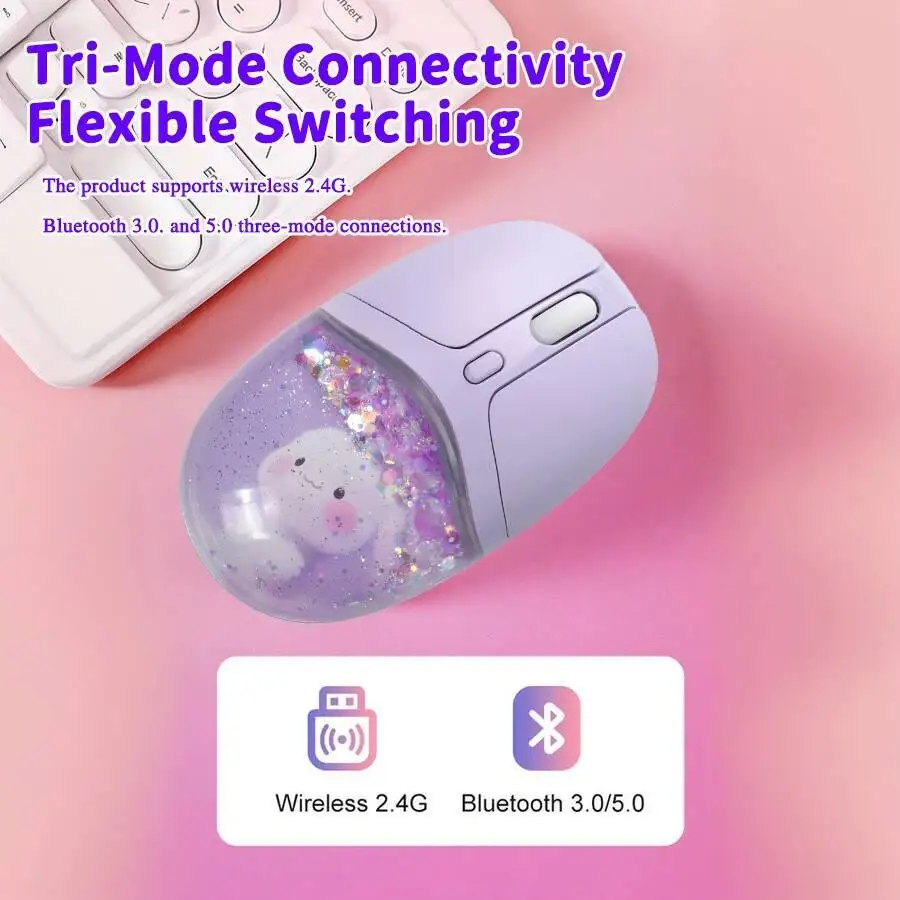 Cute Mute Bluetooth Liquid Mouse Dual-Mode Rechargeable Creative Flowing Sand 2.4G+Bluetooth Wireless Optical Mouse For Laptop
