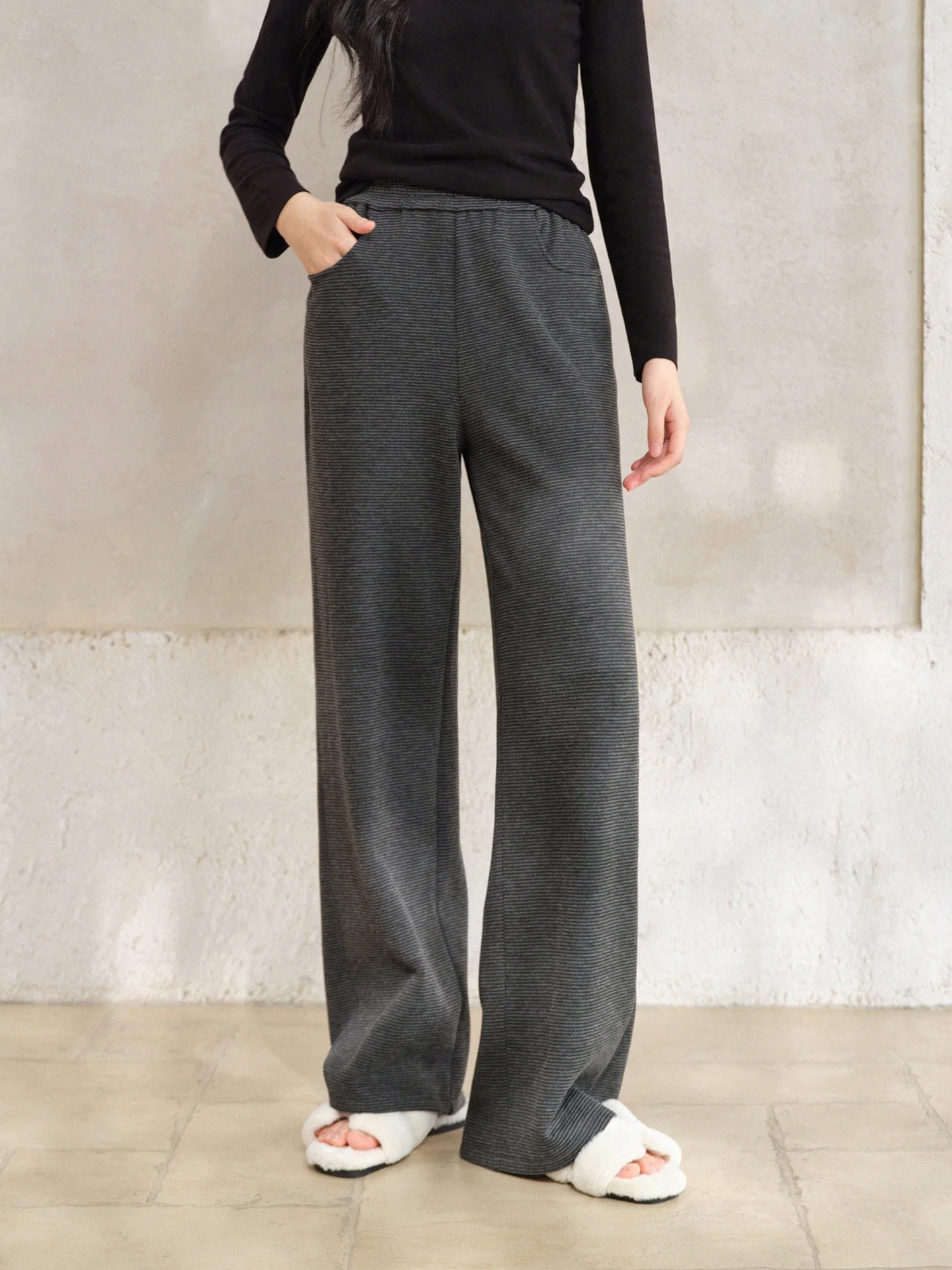 Gray Knit Pants Women Soft Loose Straight-Leg Trousers Lady Trendy Striped Casual Lounge Bottoms Comfy Draping Daily Outfits