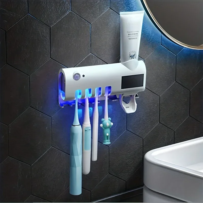 Multifunctional Toothbrush Holder Induction UV Sterilization Automatic Toothpaste Squeezing Support 4Pcs Electric Toothbrush