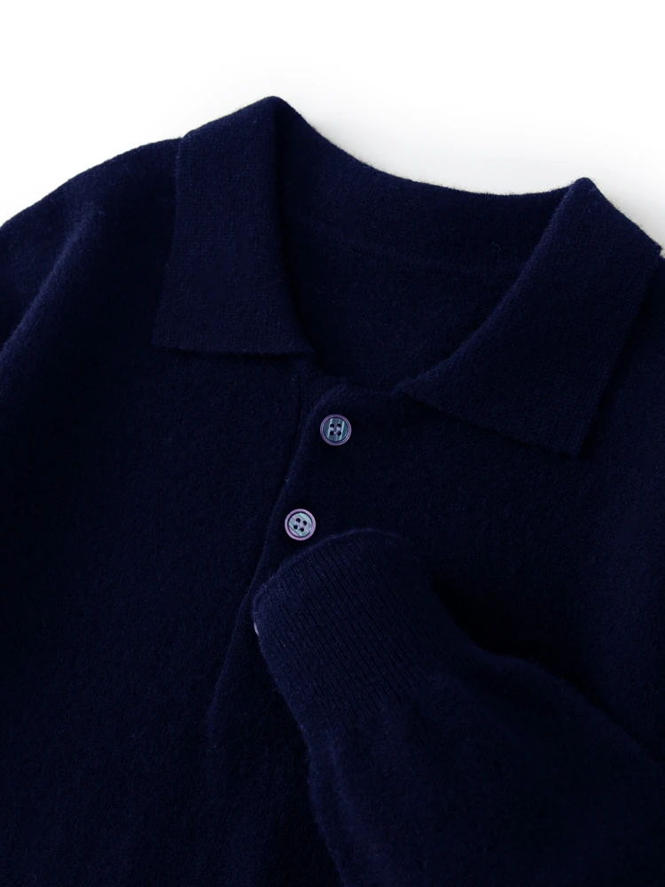 ANGEL Men's POLO Collar Sweater Long Sleeve Business Pullovers 100% Merino Wool Knitwear Autumn Winter Thick Shirt Basic Clothes