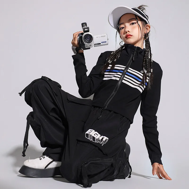 

kids girls Hip hop jazz street dance costume short ZIP coat+cargo pants 2pcs teen girls sport pants clothes suit child outfits