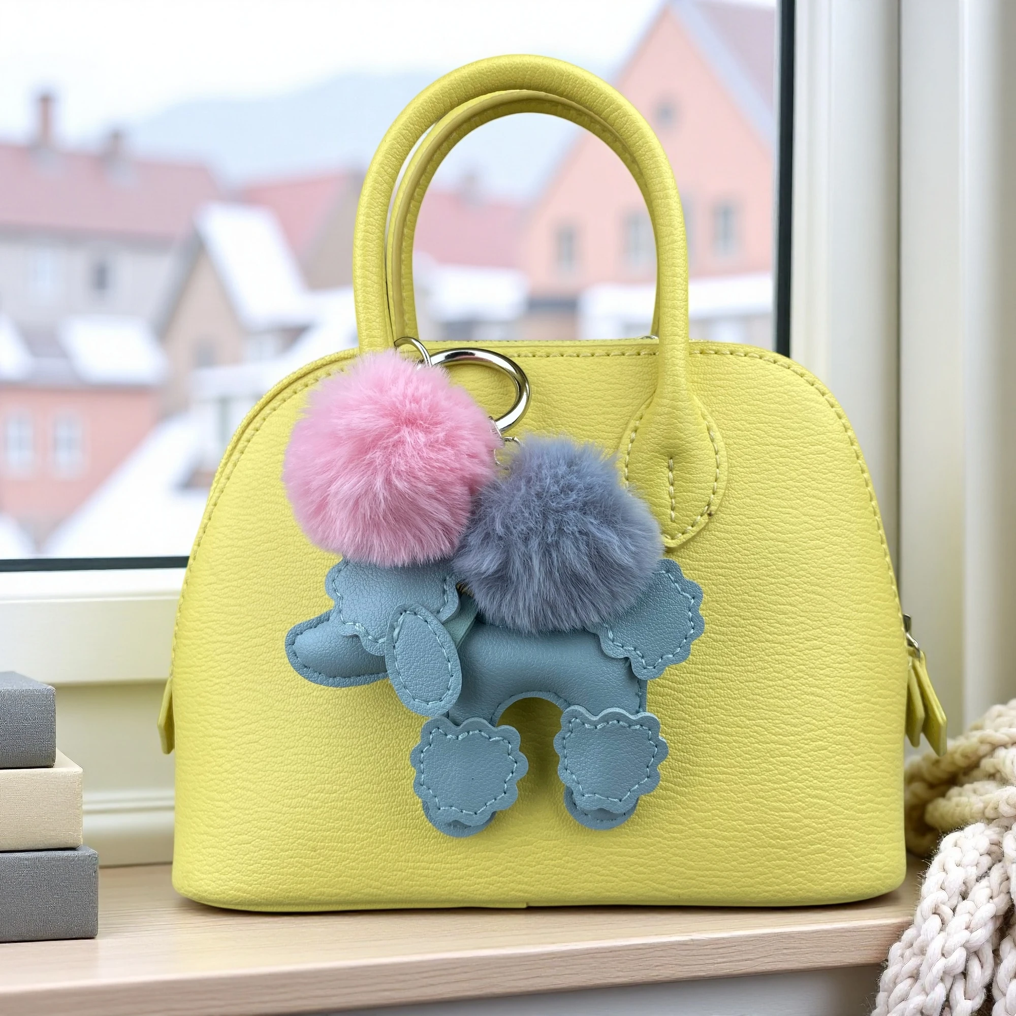 Cute PU Leather Poodle Dog Keychain with Plush Pom Poms, Dog Bag Charm & Purse Hanging Pendant, Dog Lover Gift, Puppy Keyring