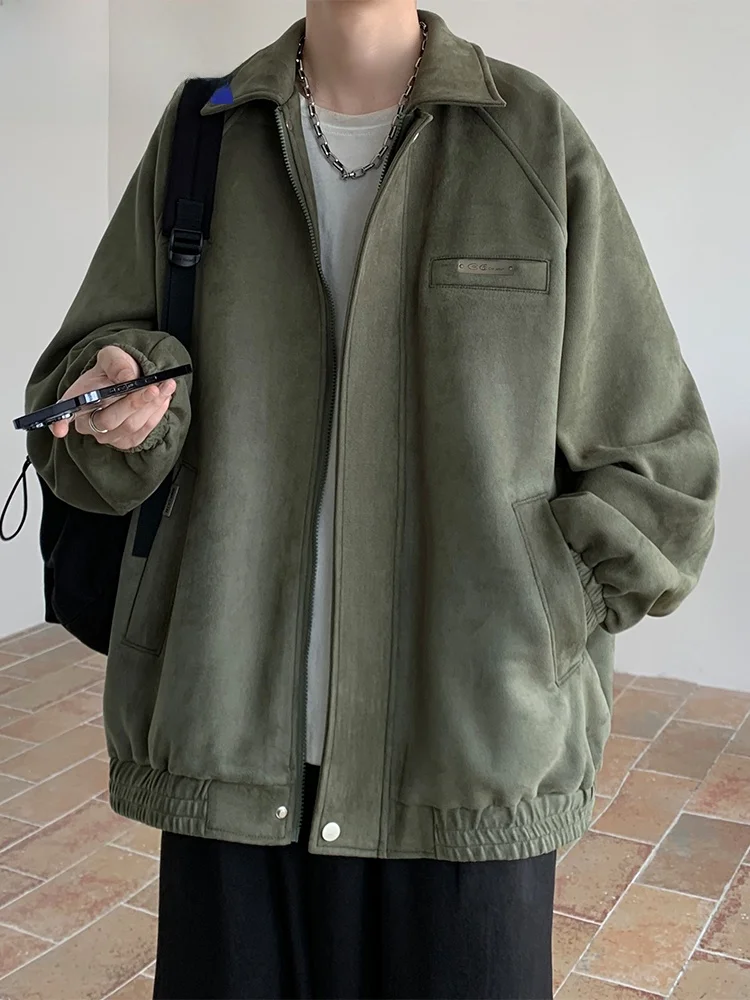 

Wassup Happy Men's Suede Collar Jaet Casual Loose Workwear Sle Spring Autumn Winter Faion Brand Zipper Closure Long Sve