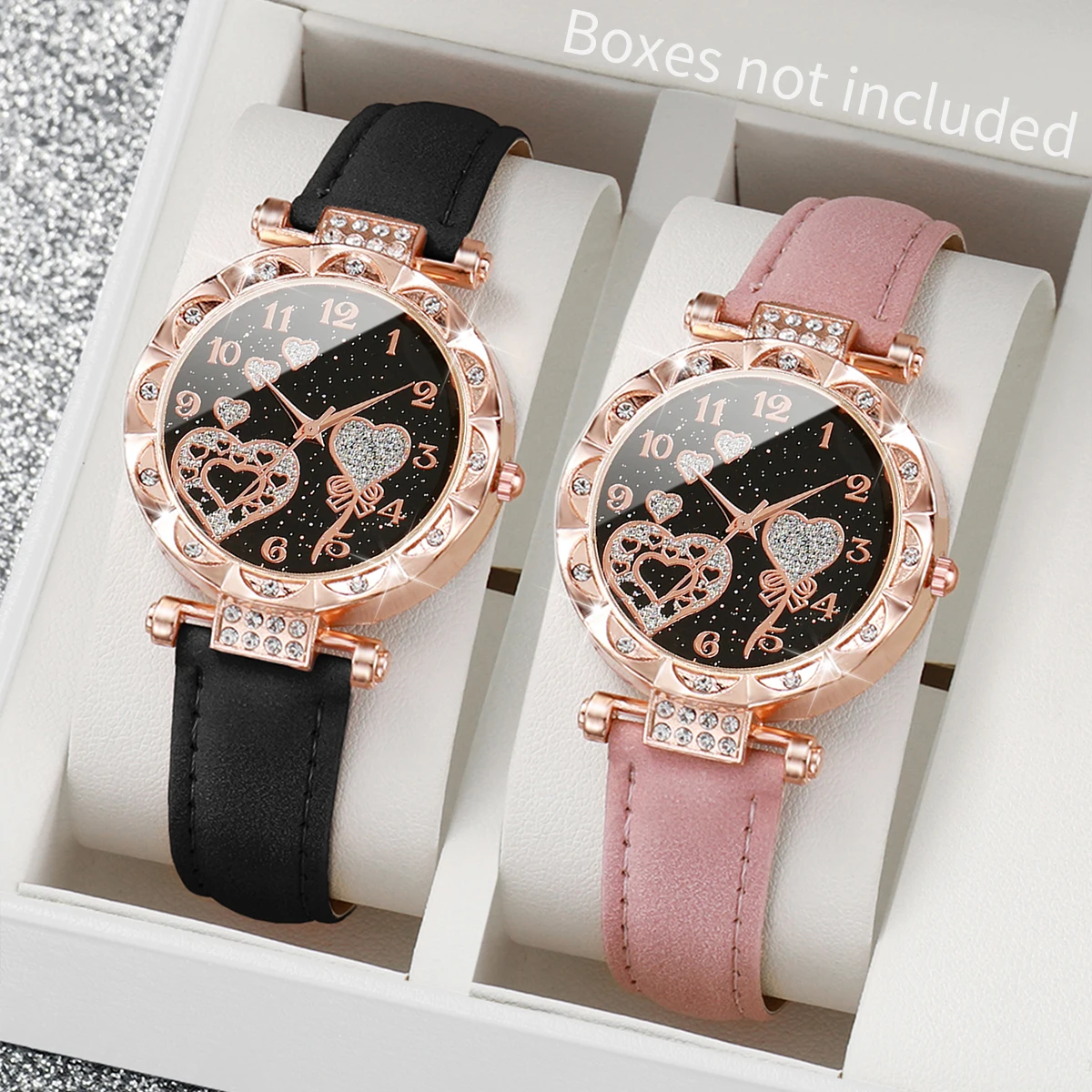 Pink Black 2PCs/Set Women\'s Watch Fashion Leather Strap Round Dial Quartz Wristwatch