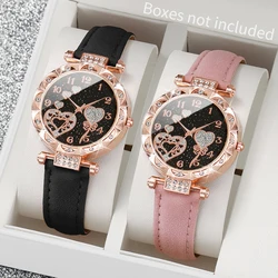 Pink Black 2PCs/Set Women's Watch Fashion Leather Strap Round Dial Quartz Wristwatch