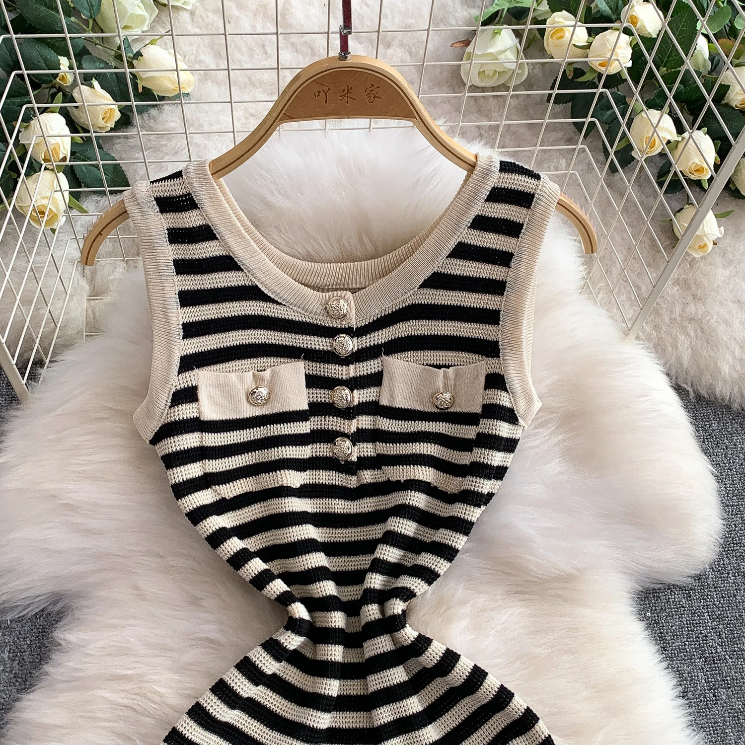 New Summer Women O-neck Sleeveless Knitted Dress Metal Button Double Pokets Striped Elastic Slim Vest Dress Office Lady Outfits