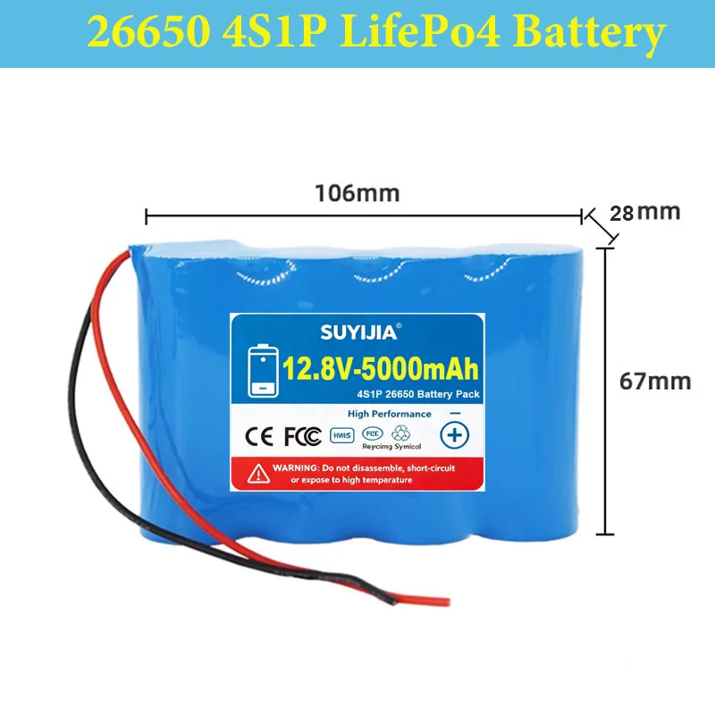 26650 Lifepo4 4s Battery Pack 12.8V 5000mAh-25Ah 12v with PCB for Cctv Camera Pro Power Tools LED Amplifier Router Heating view 2
