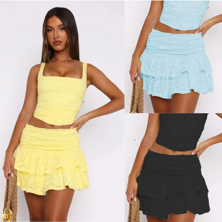 

Multi-layered cake lace stacked short skirt hottie solid color sexy lace skirt