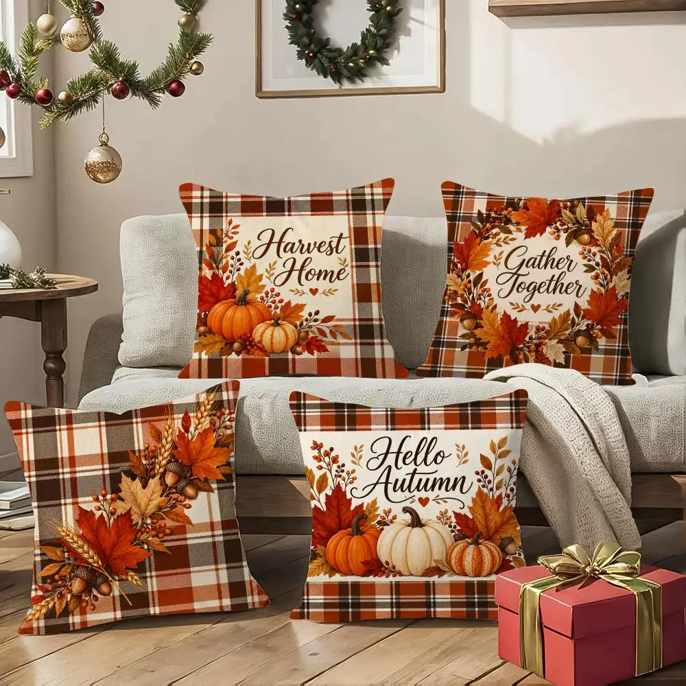 Amber Plaid Autumn Cushion Cover 1/4Pcs Soft Plush Cushion Case Throw Pillowcase Cozy Home Sofa Bed Living Room Decor