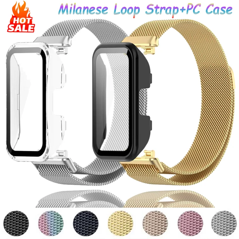 حزام معدني + حافظة كمبيوتر لهاتف هواوي باند 10 9 سوار عصري مغناطيسي ميلانيزي مكون من قطعتين + غلاف مقاوم للسقوط ملحقات هواوي باند 8