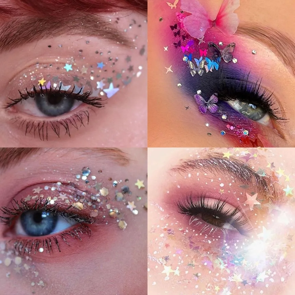 6Jars/Set Fashion Colorful Eyeshadow Glitter Gel Face Hair Stage Heart Star Moon Sequins No Glue Required Body Nail Glitter Gel