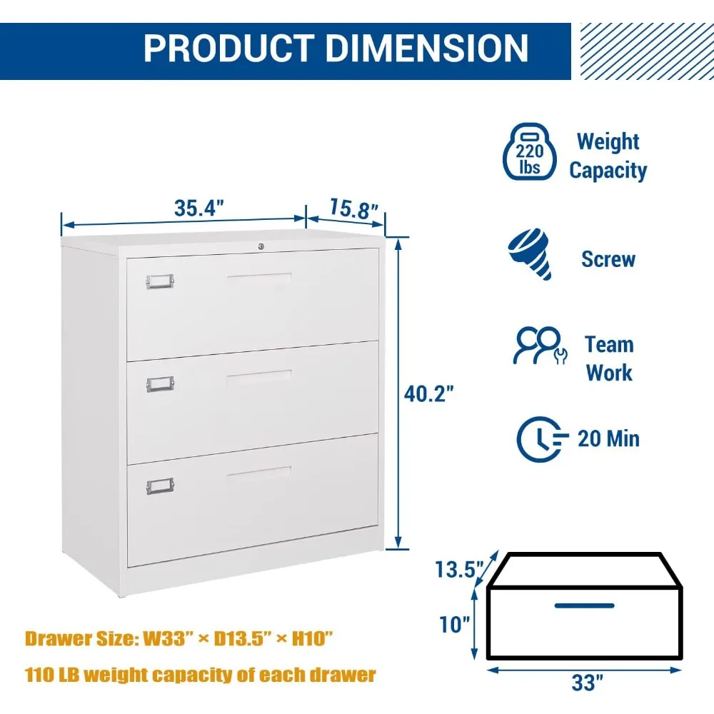 خزانة ملفات معدنية كبيرة ذات 3 أدراج مع قفل للمكتب المنزلي، وخزانة تخزين قابلة للقفل لتعليق الملفات، وحجم الرسالة